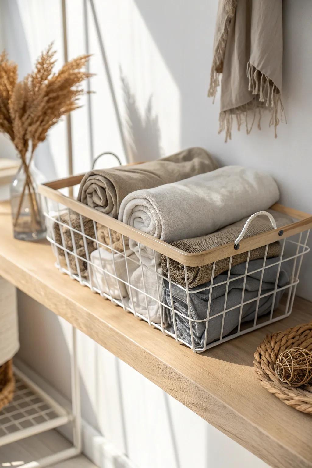 Clip-on under-shelf basket turns rolled pants into a neat, grab-and-go display.