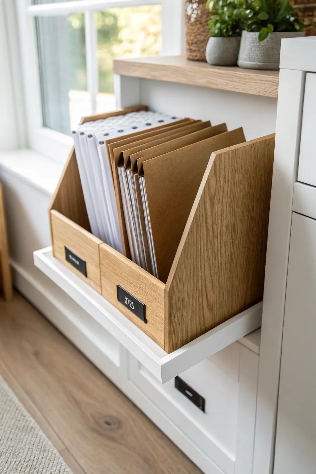 Turn a tiny cabinet shelf into bonus space with sleek vertical files for easy paper flipping.