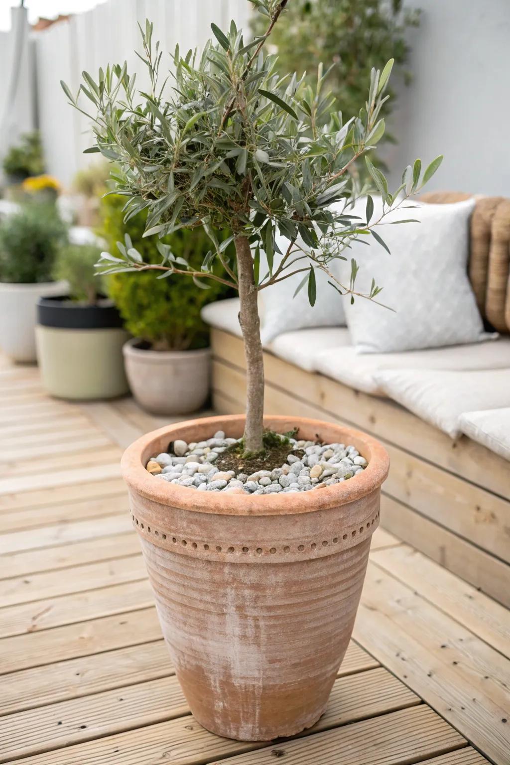 A tall planter at the patio edge brings greenery while keeping the center open and uncluttered.