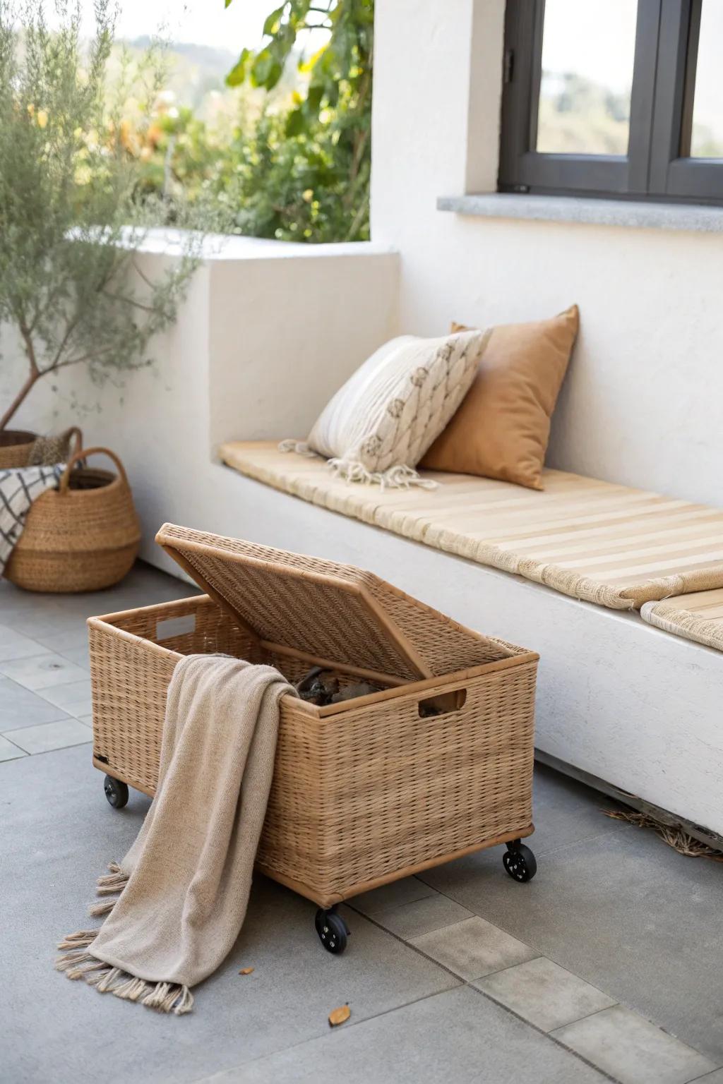 Secret patio storage: a sleek under-seat rolling bin that tucks away and glides out fast.