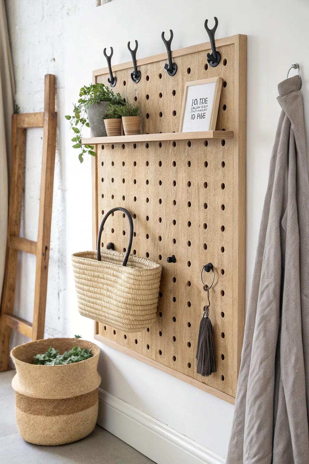 Family label lanes on a pegboard: one row per person keeps entryway clutter under control.