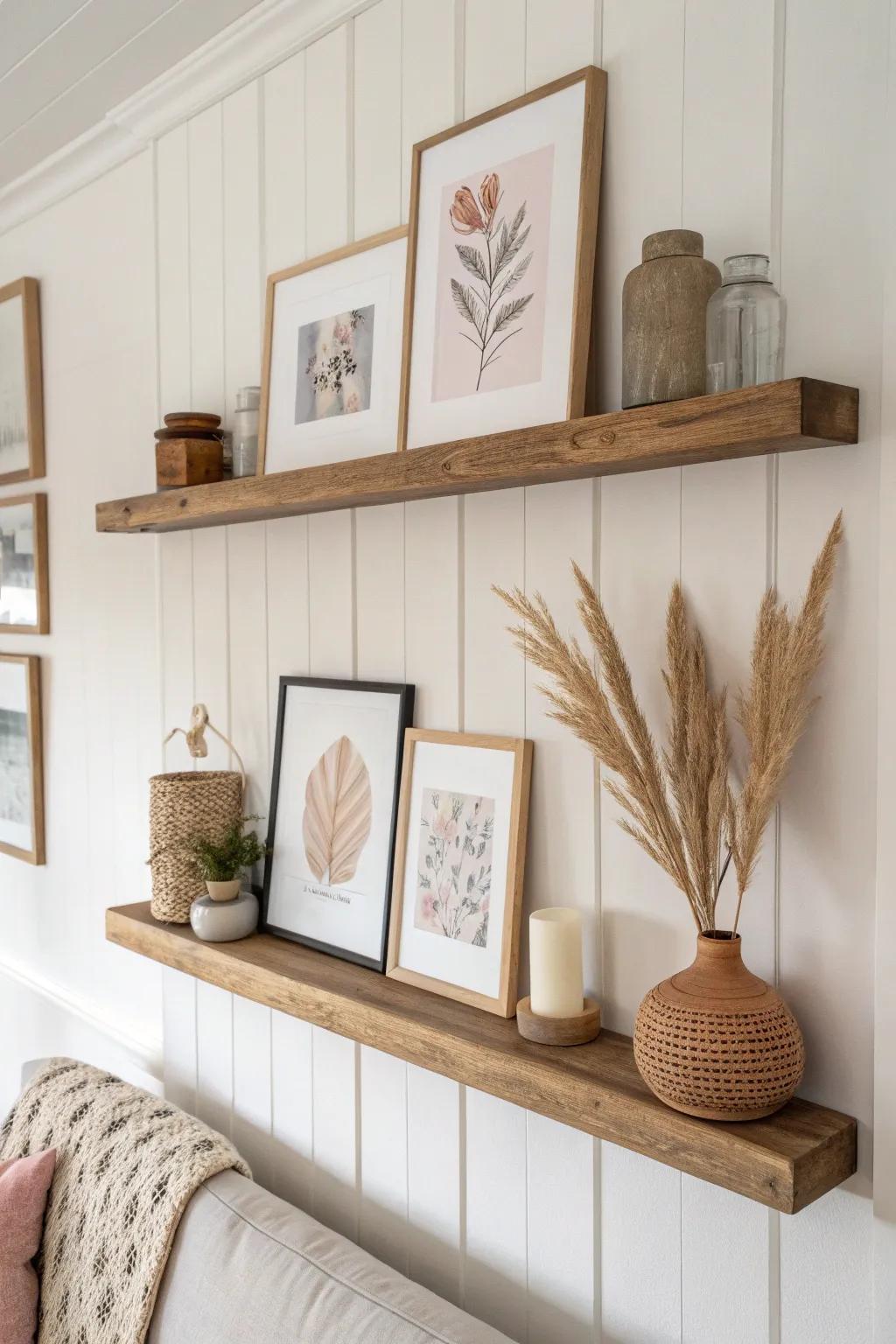 Stack two picture ledges to draw the eye up—big wall impact with zero floor space.