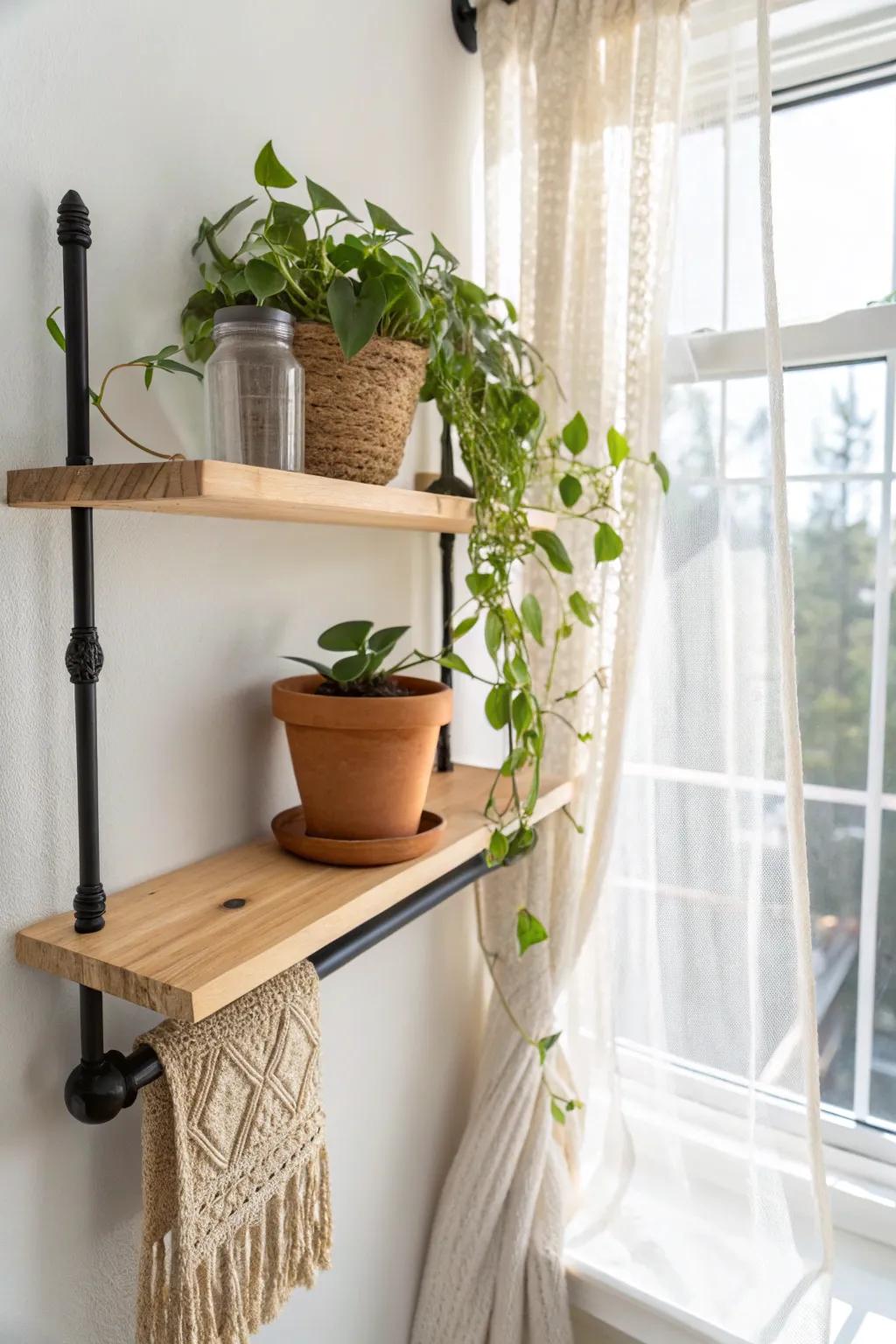 A slim pipe shelf plant ledge turns window light into a mini jungle—without stealing floor space.