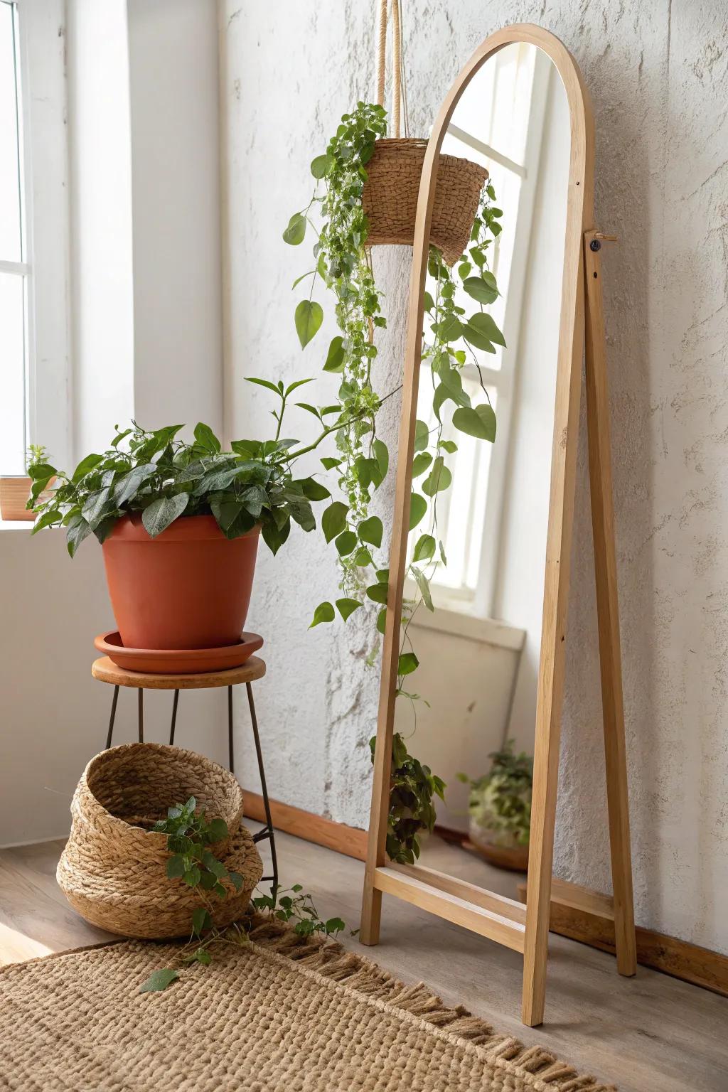 Mirror-backed plant corner: doubles the greenery and bounces light for a brighter, styled space.