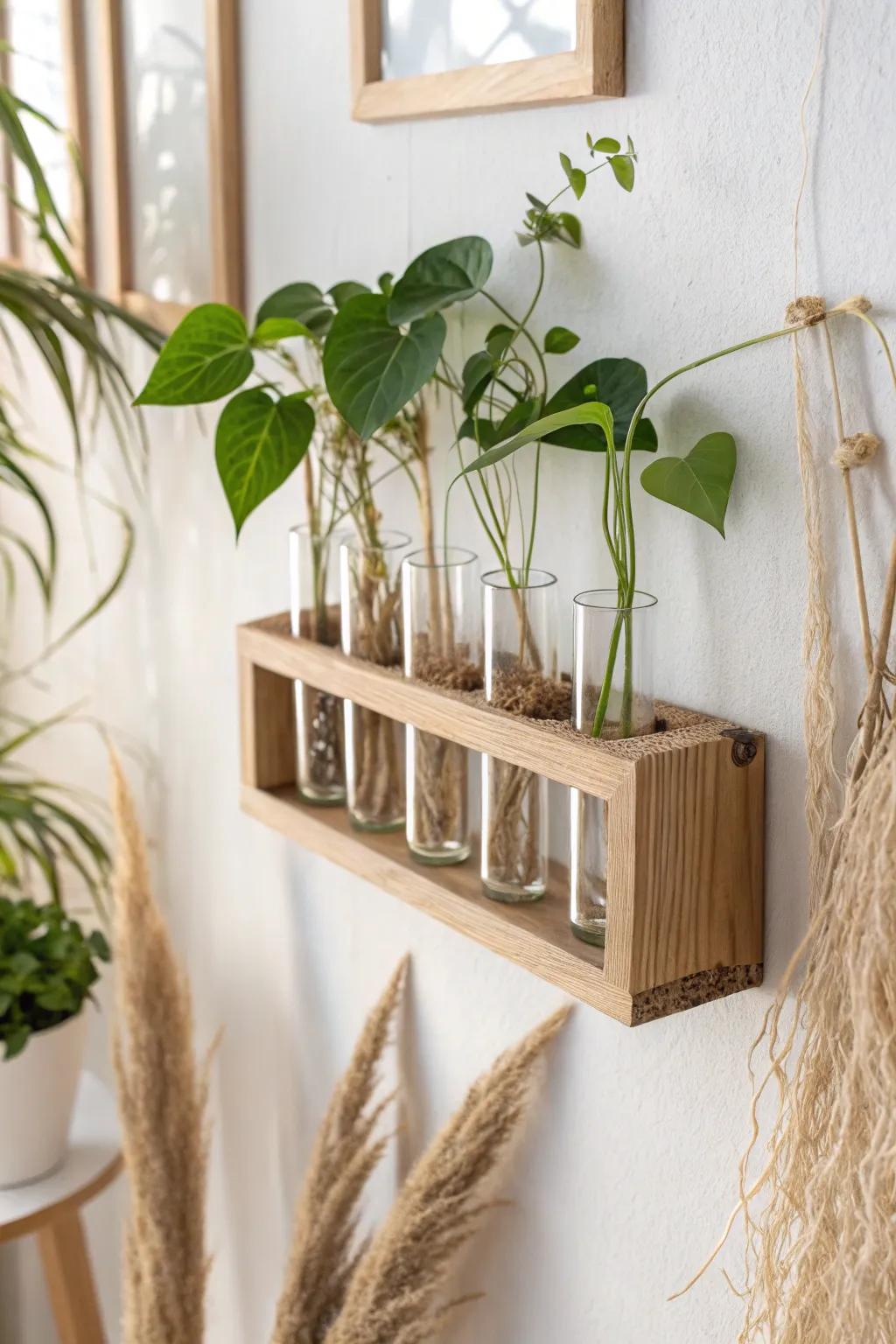 Wall propagation station: minimalist glass tubes that turn plant cuttings into living decor.