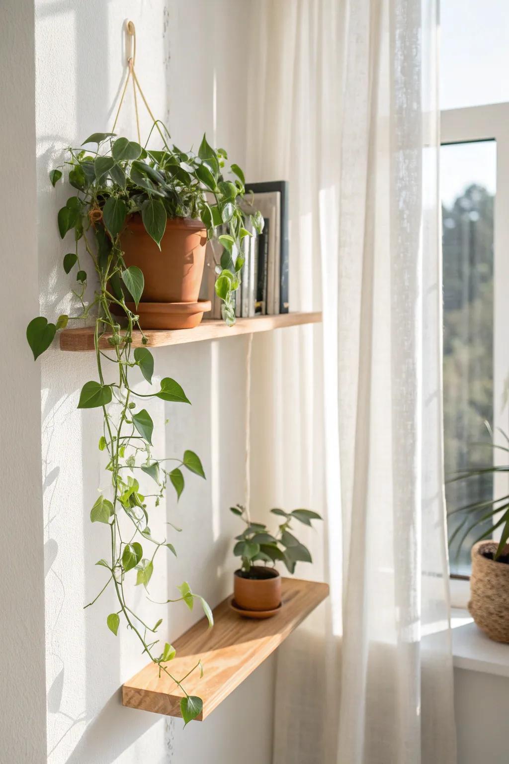 A simple oak shelf by the window gives your pothos the light it needs to thrive year-round.