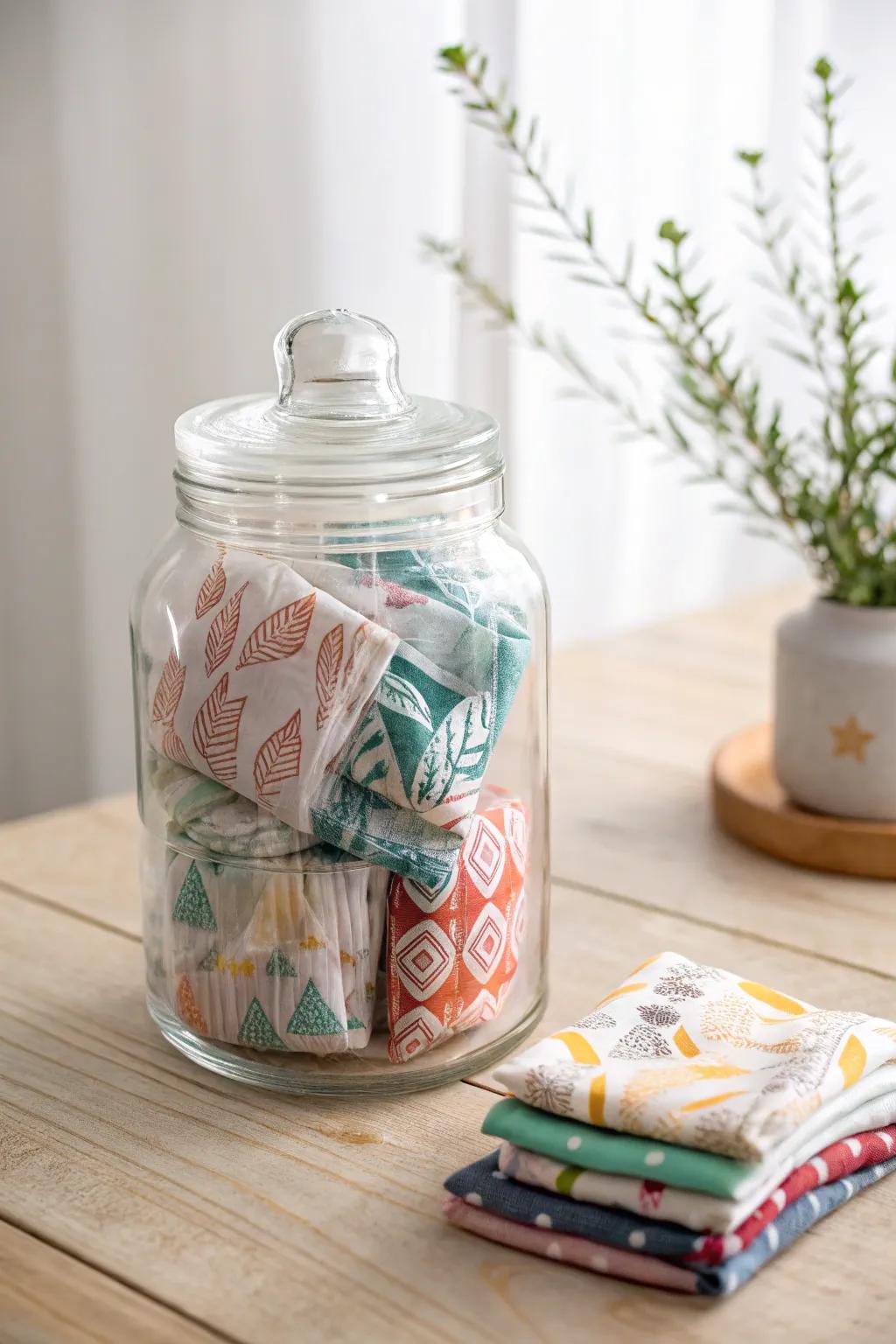 Transform clutter into chic storage with a glass jar display for your plastic bags!