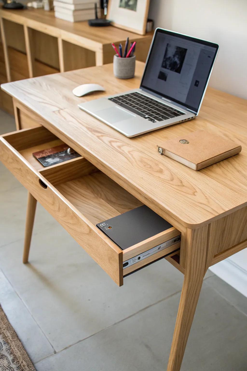 Discover the art of organization with this plywood desk featuring a hidden storage compartment. Keep your workspace clutter-free and stylish.