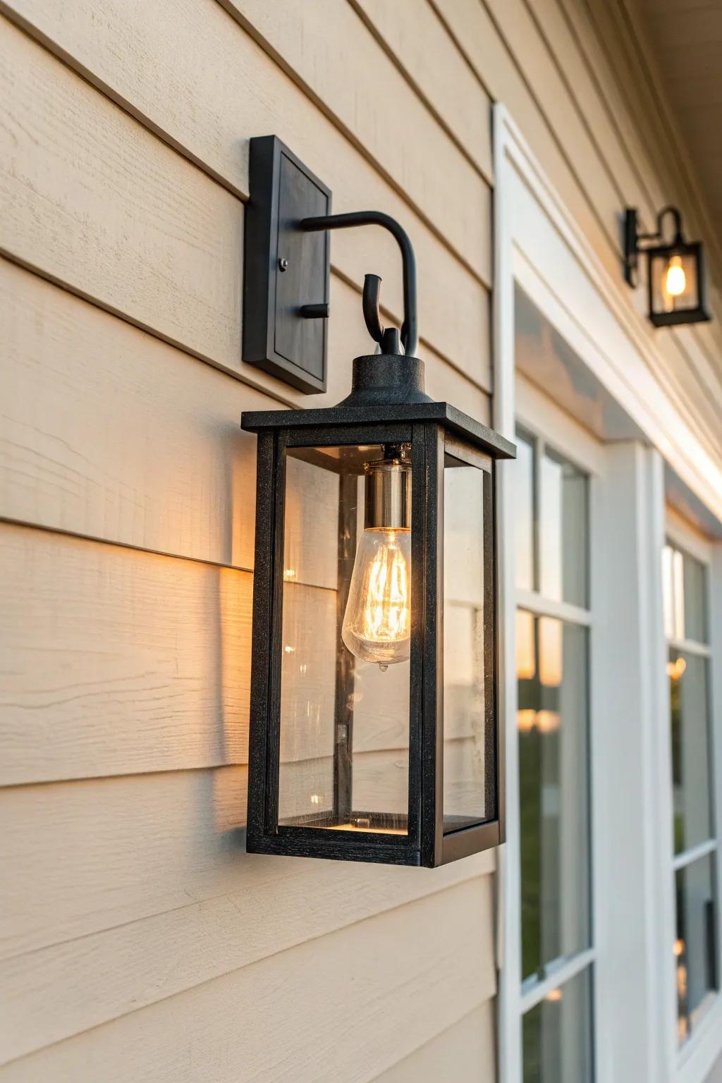 A warm lantern-style sconce adds instant charm—minimal, handcrafted, and porch-perfect.