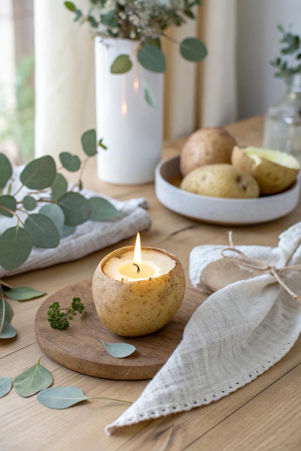 Transform the humble potato into an elegant candle holder for a touch of natural charm in your decor.