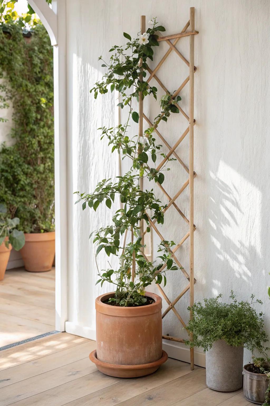 Create a cozy garden-room vibe fast with a tall potted trellis and climbing vine.