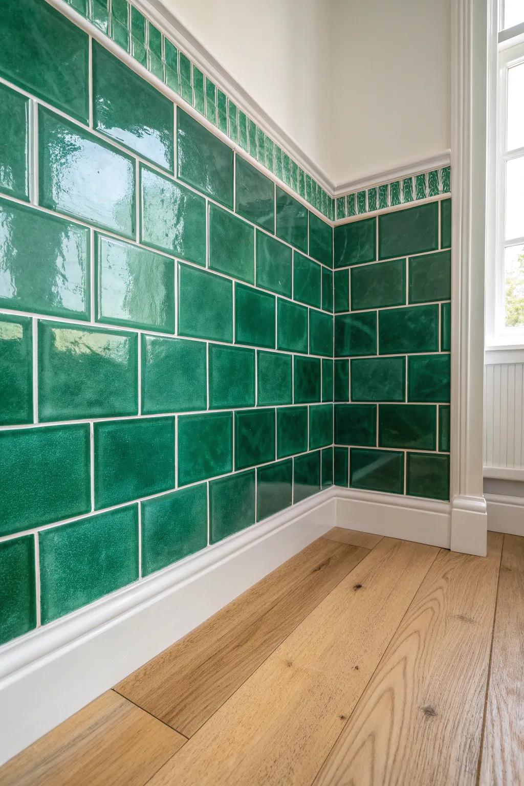 Floor-to-ceiling emerald zellige turns a tiny powder room into a chic jewel box—simple and bold.