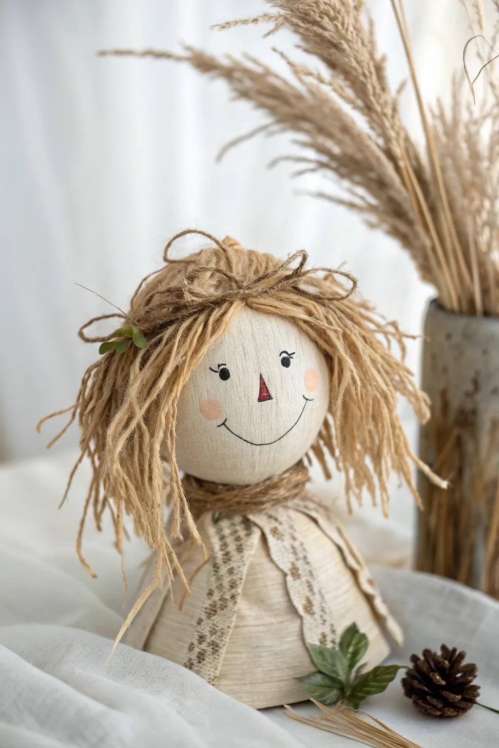 Embrace autumn with a touch of whimsy and natural beauty: a raffia-haired scarecrow that exudes charm and character.