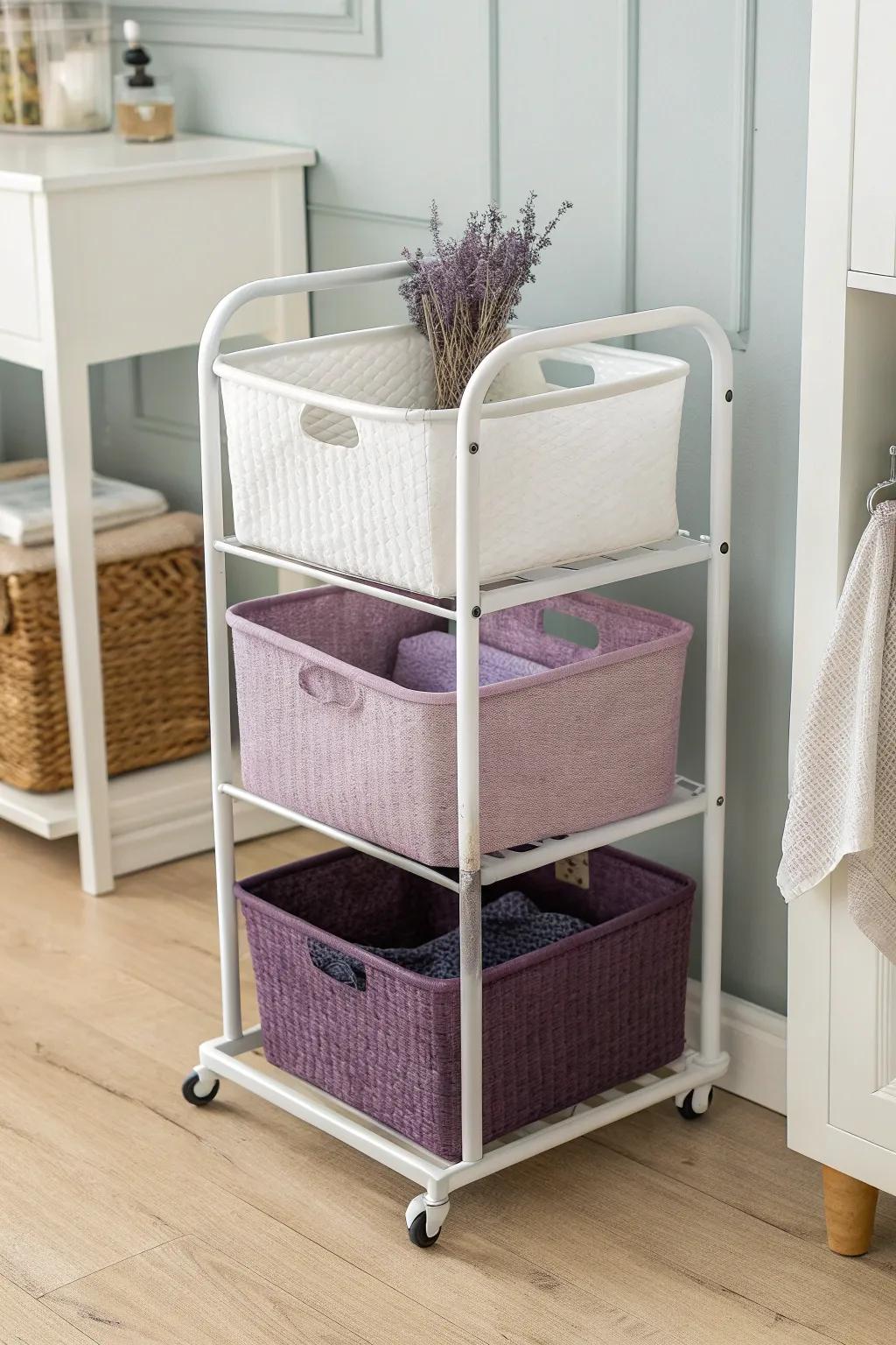 Slim purple-bin rolling cart: tiny-space dorm storage for snacks, skincare, and supplies.