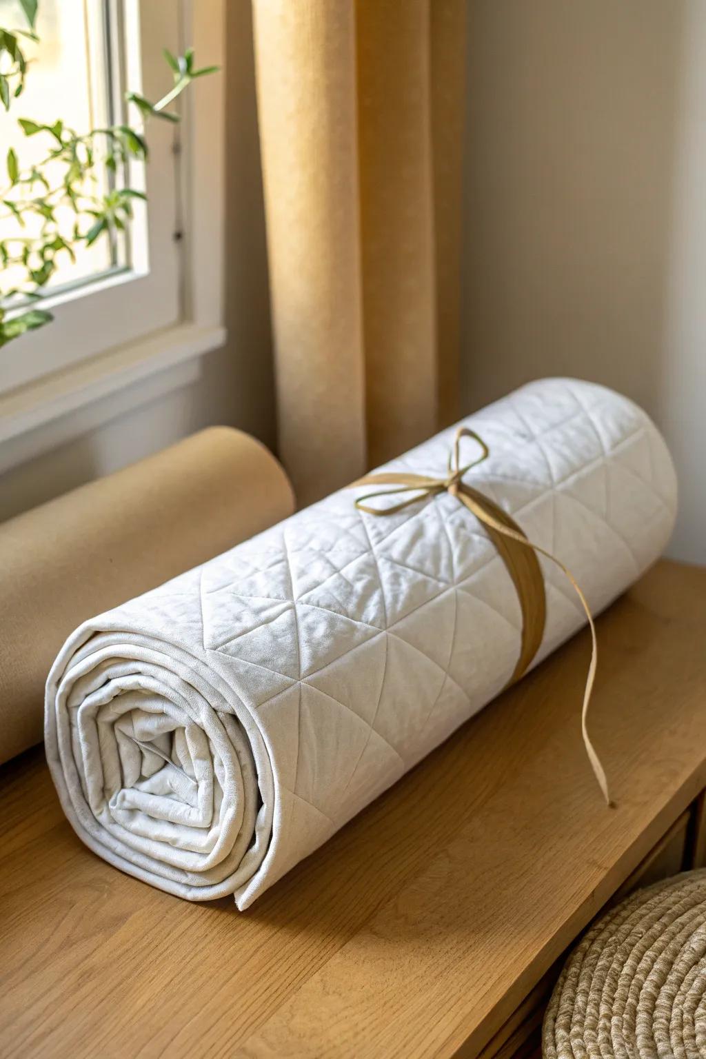 Crease-free quilt storage: roll it on a cotton-wrapped tube for smooth, space-saving keeping.
