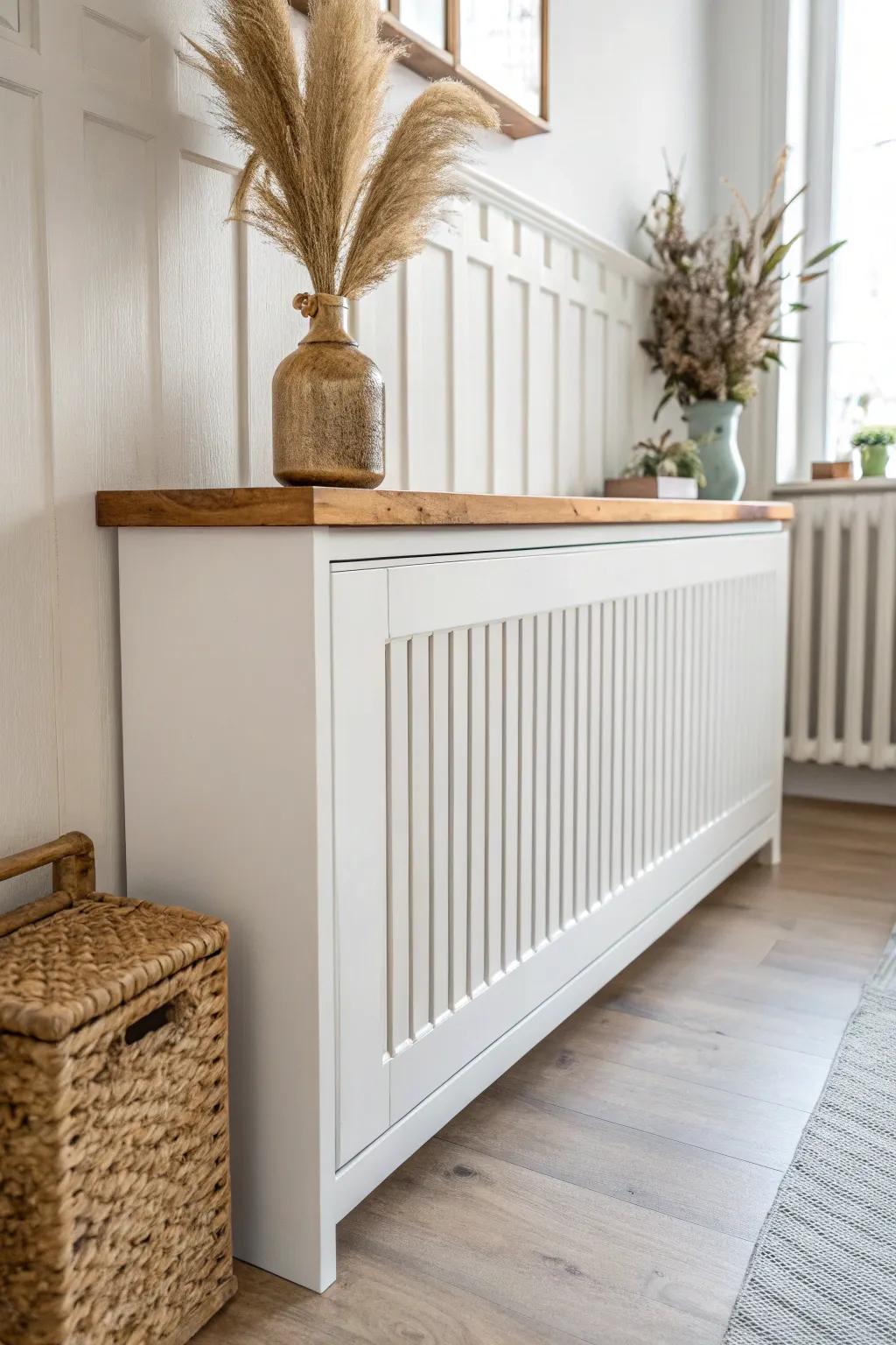 A radiator cover that matches wall paneling—clean lines that blend in and feel built-in.