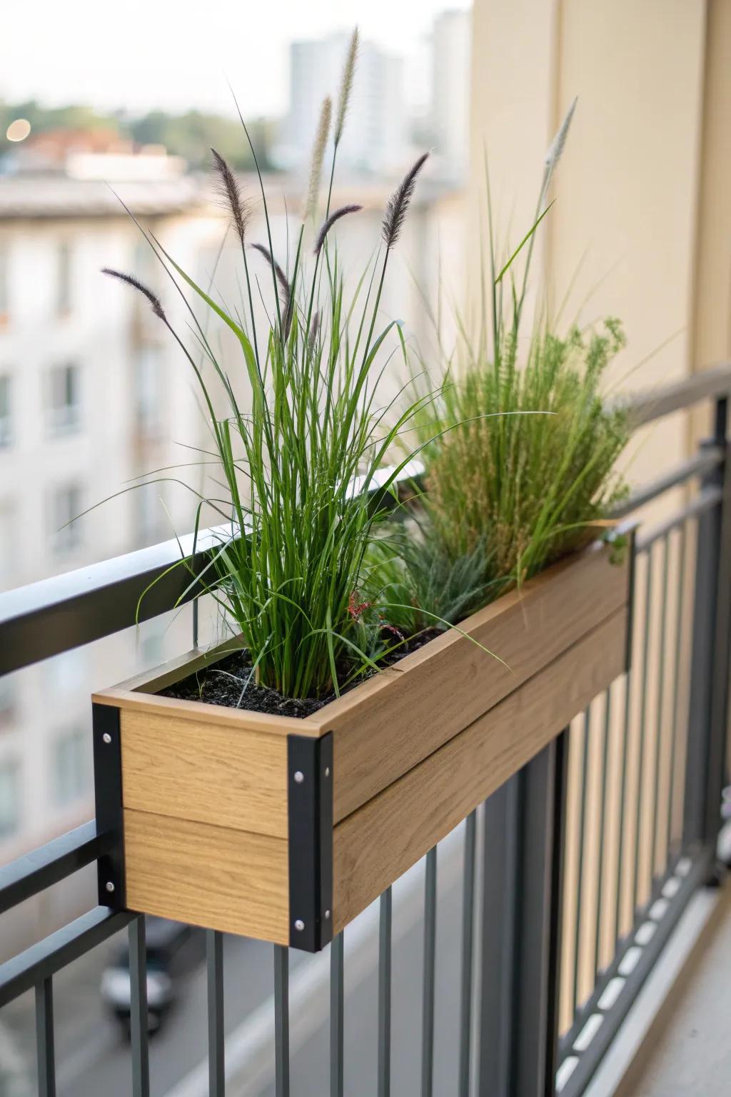 Tall railing planter turns a tiny balcony into a calm, leafy privacy screen in minutes.