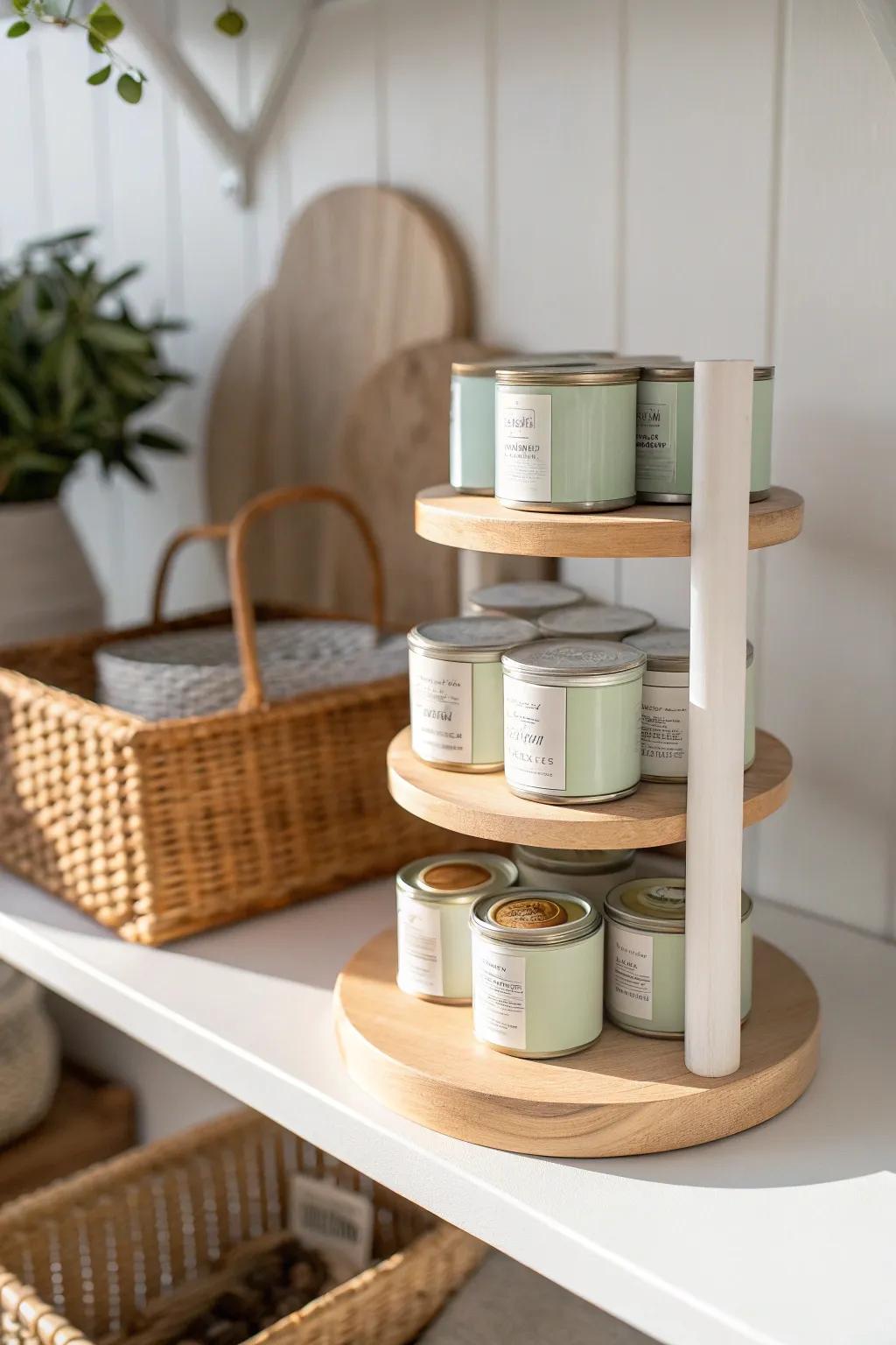 Tiered risers turn a reach-in pantry into an easy-scan shelf—no more hidden cans.