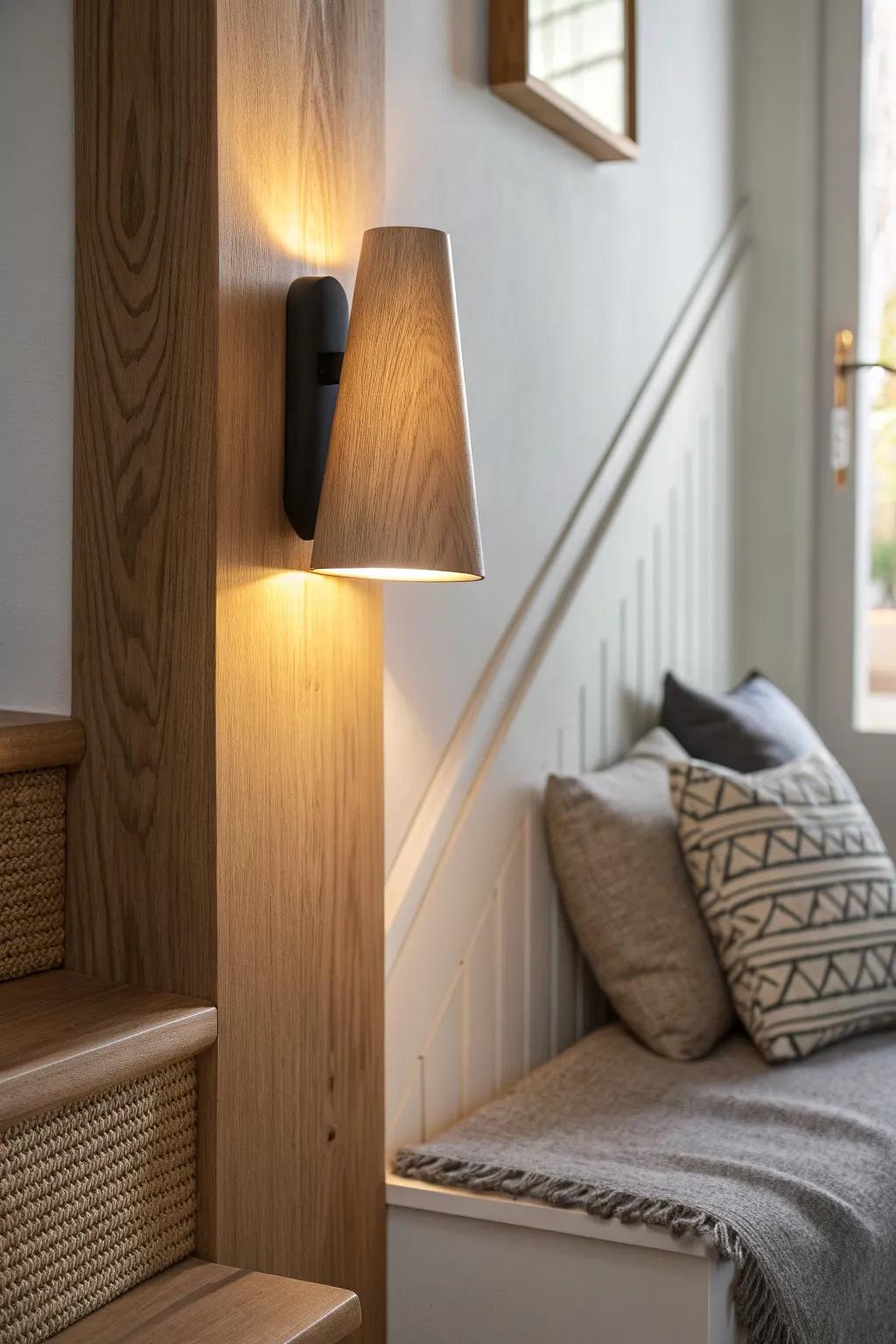 Cordless rechargeable sconce brings warm, readable light to the darkest under-stair nook.
