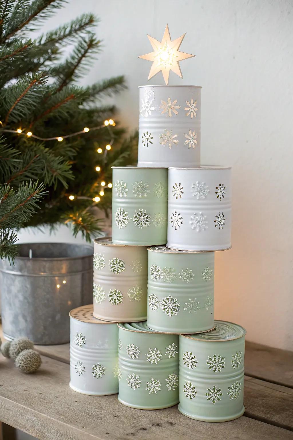 Illuminate your holiday evenings with this charming Tin Can Luminary Tree, where simplicity meets natural beauty.