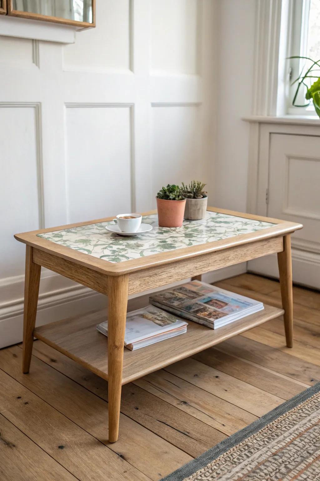 Give a tired coffee table new life with chic decoupage—patterned paper, sealed to last.