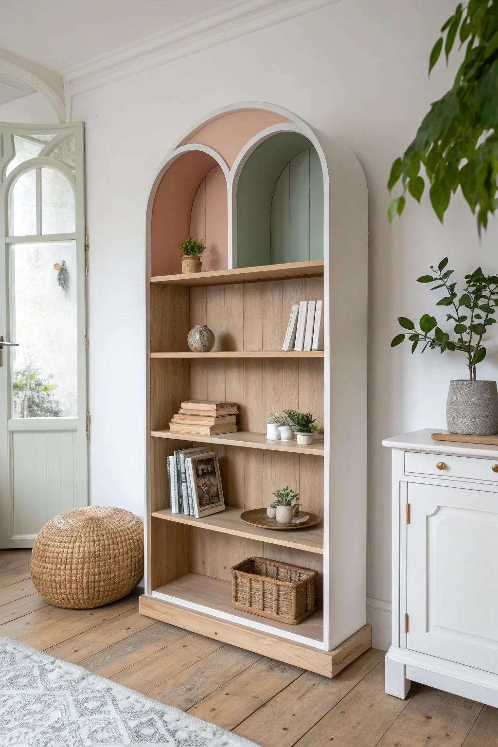 Painted arch nooks on a refurbished bookshelf back panel for instant, styled small-space charm.