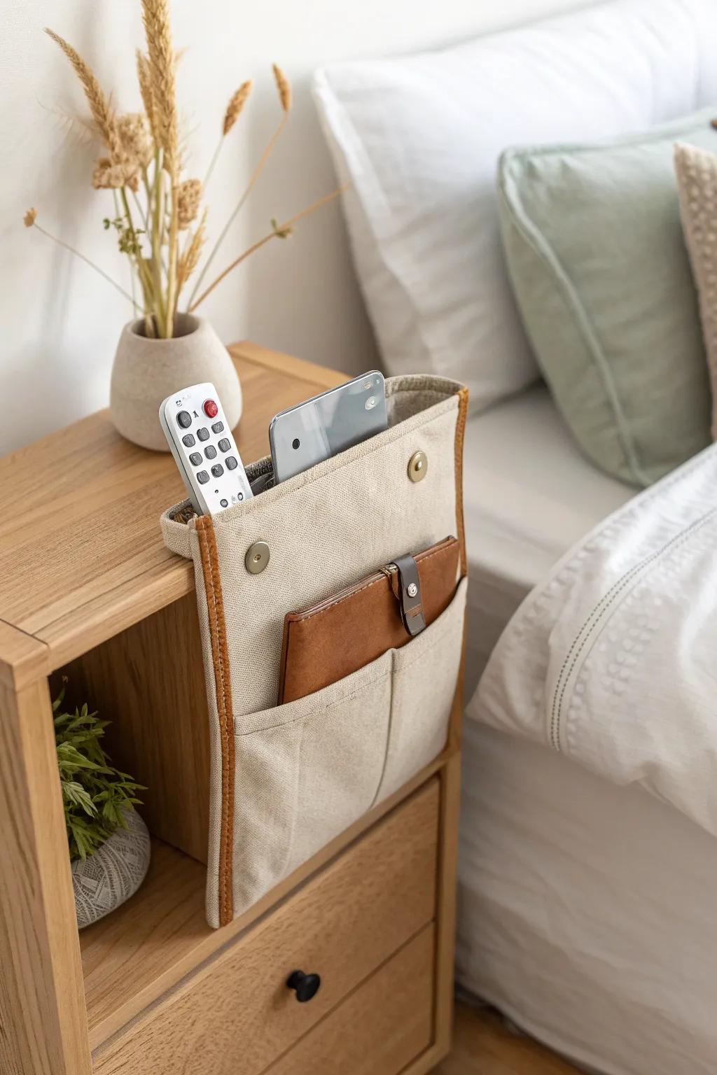 A chic bedside pocket keeps your TV remote tidy, visible, and never lost in the sheets.