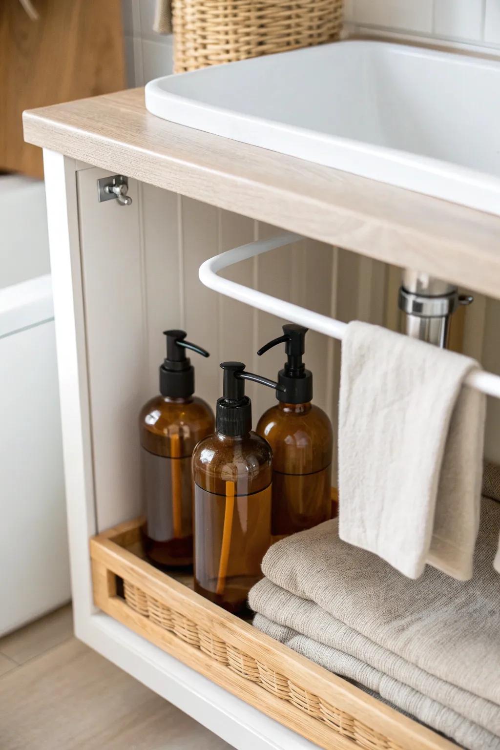 Tiny rental bathroom upgrade: a simple under-sink tension rod to hang spray bottles neatly.
