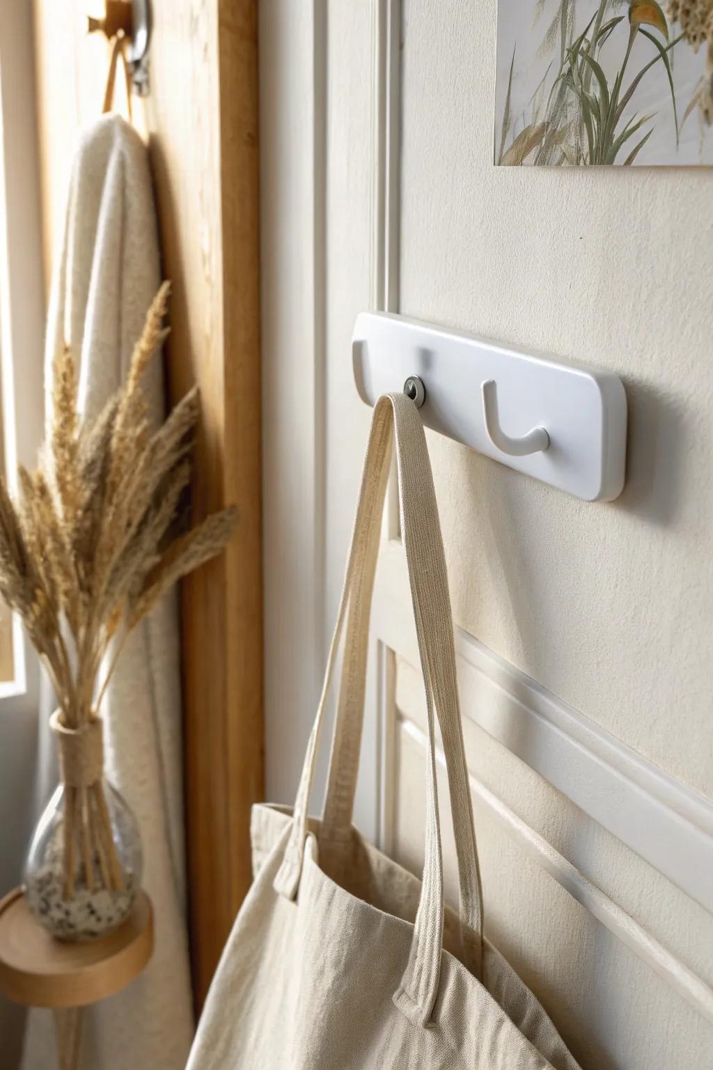 Renter-friendly entry drop zone: removable hooks keep your tote (and life) effortlessly organized.