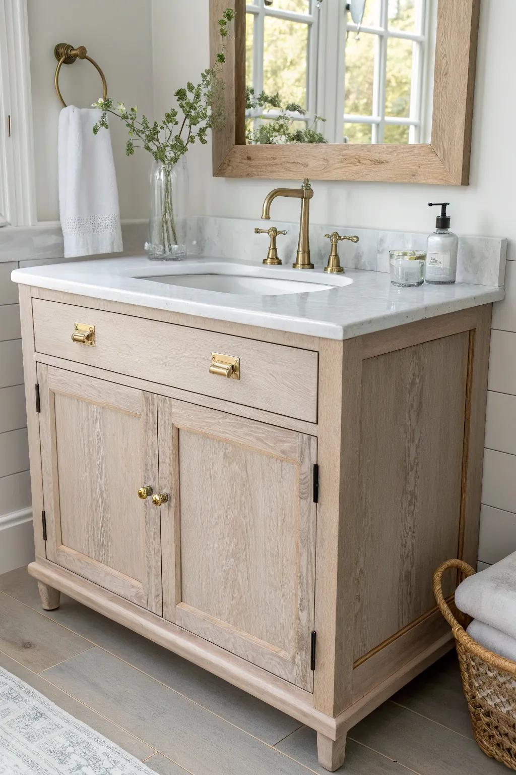 A china cabinet base reimagined as a space-saving bathroom vanity with warm, furniture-style charm.