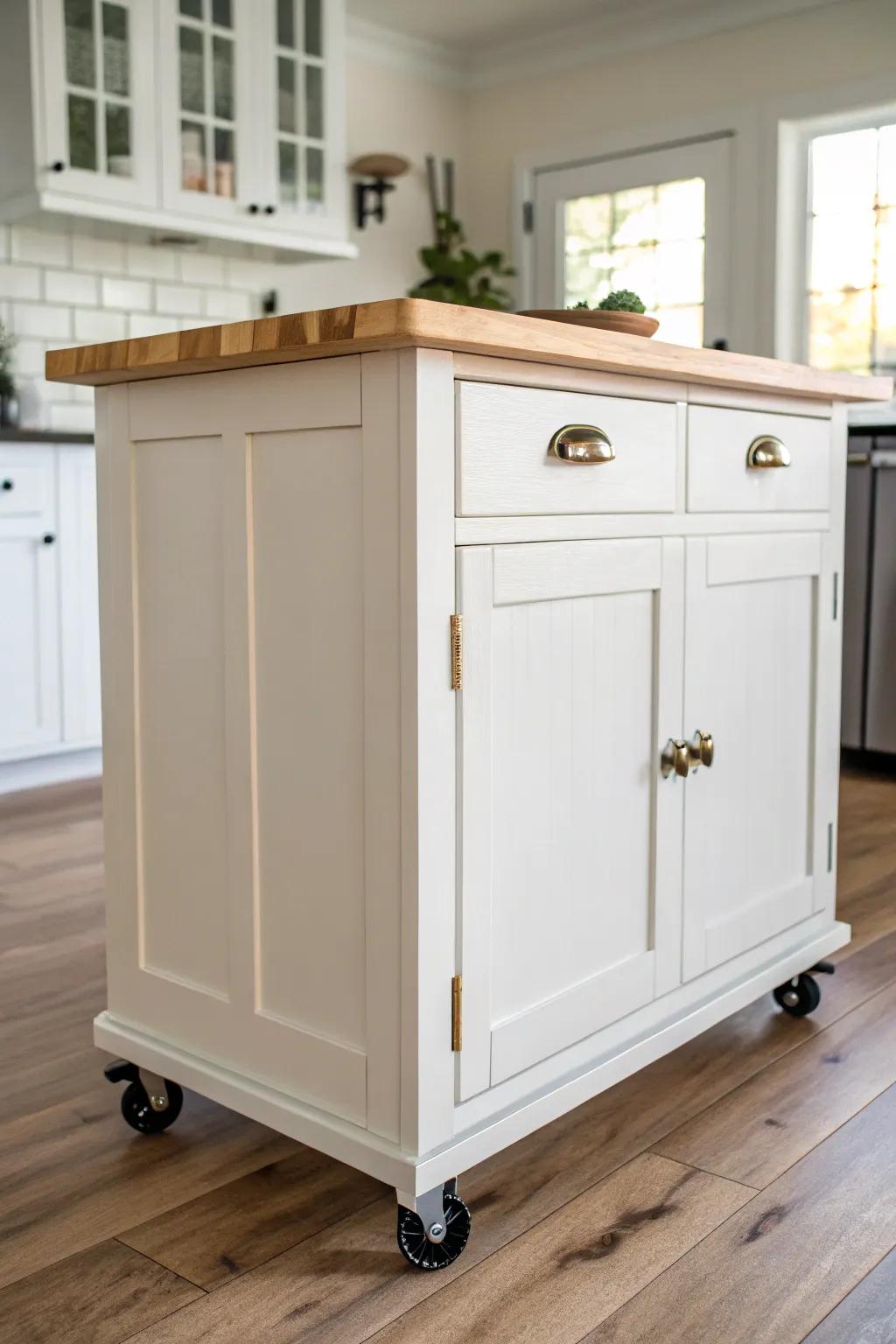 Repurposed cabinets turned rolling island—warm wood top + casters for tiny-kitchen flexibility.