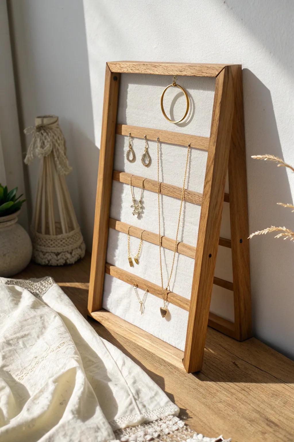 Thrifted picture frame turned into a minimalist jewelry display—pretty, practical, and space-smart.