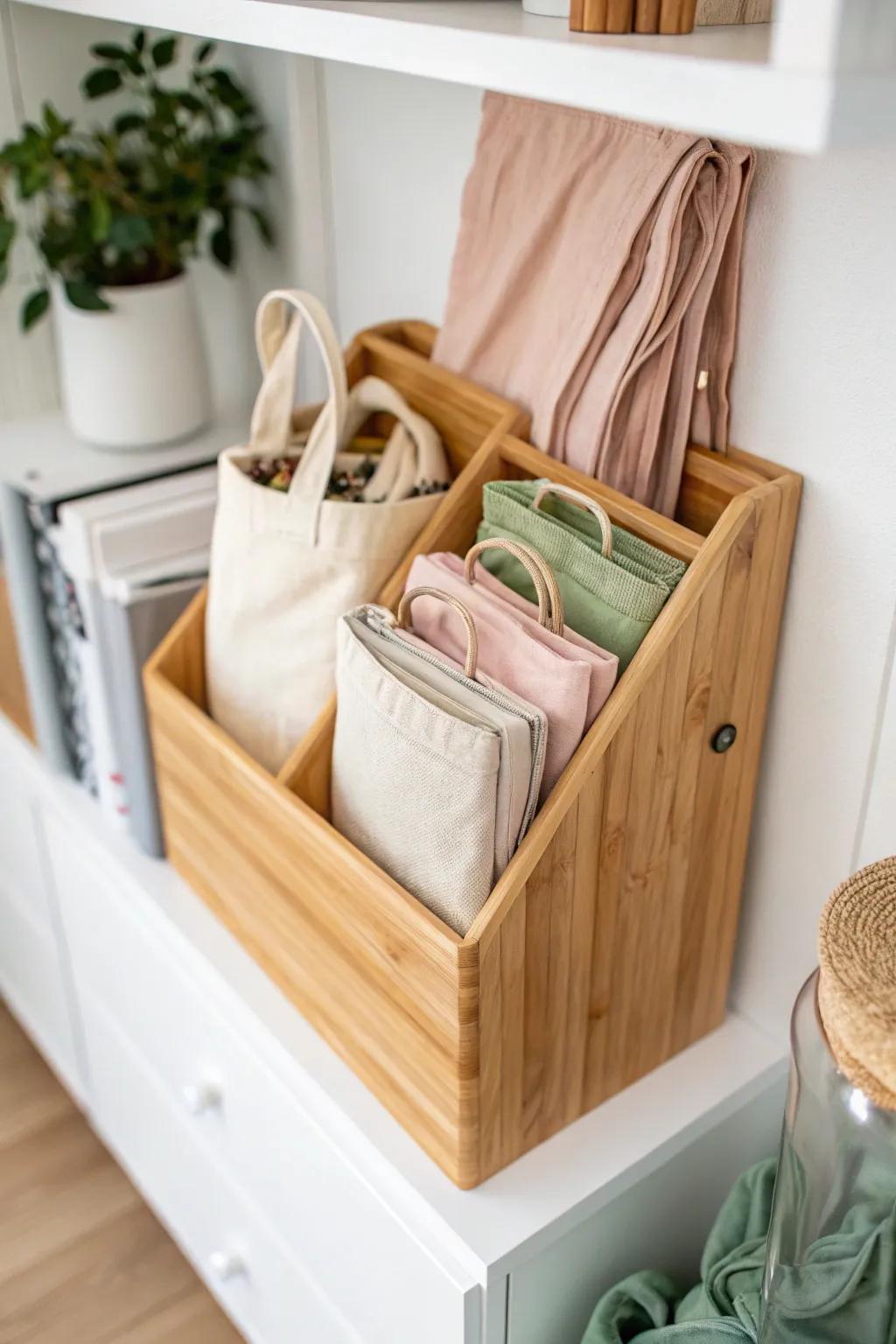File folded totes in a vertical sorter—small-space storage that stays neat and grab-ready.