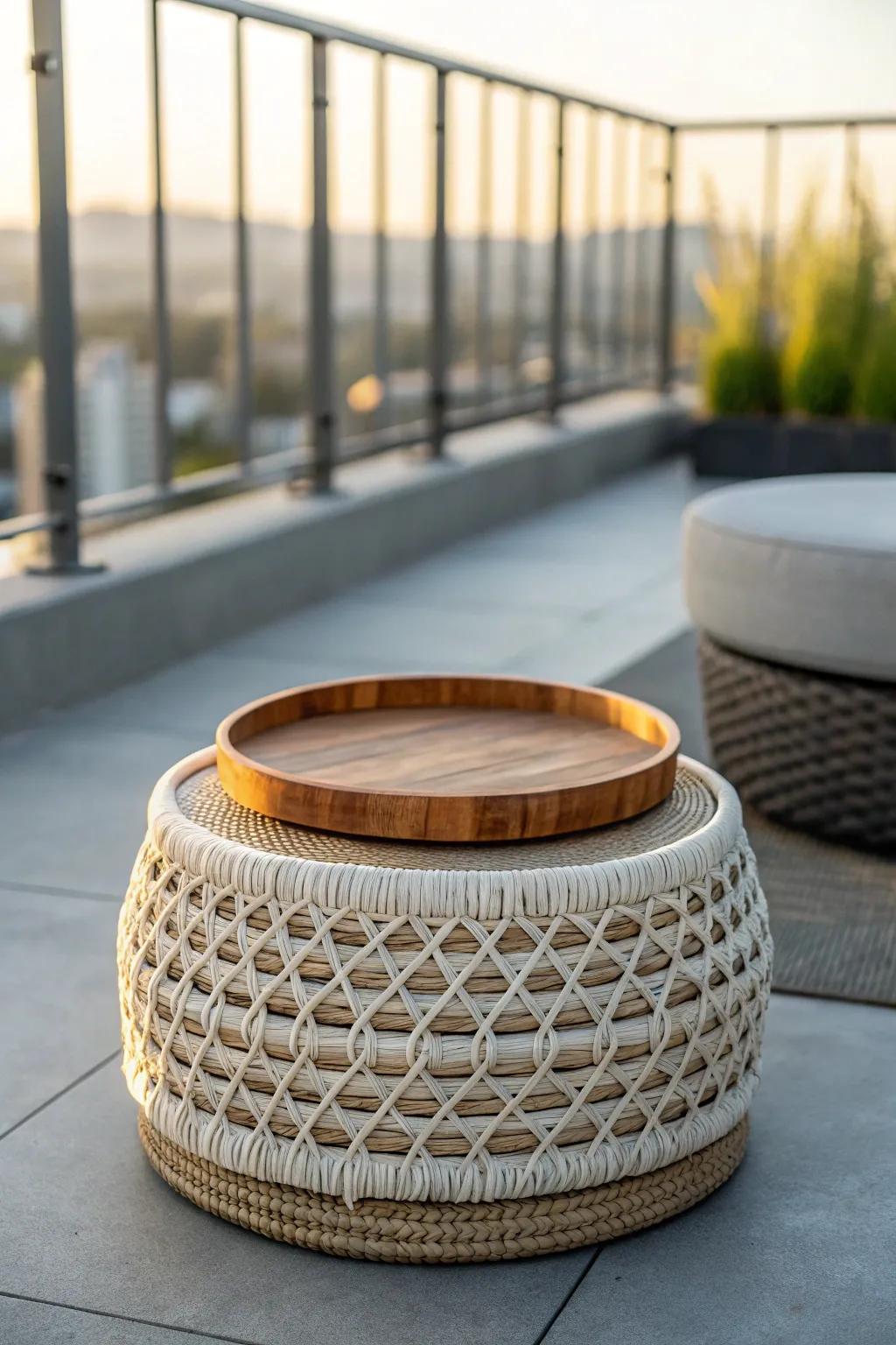 One sturdy outdoor ottoman—footrest, extra seat, and tray-topped table for rooftops.