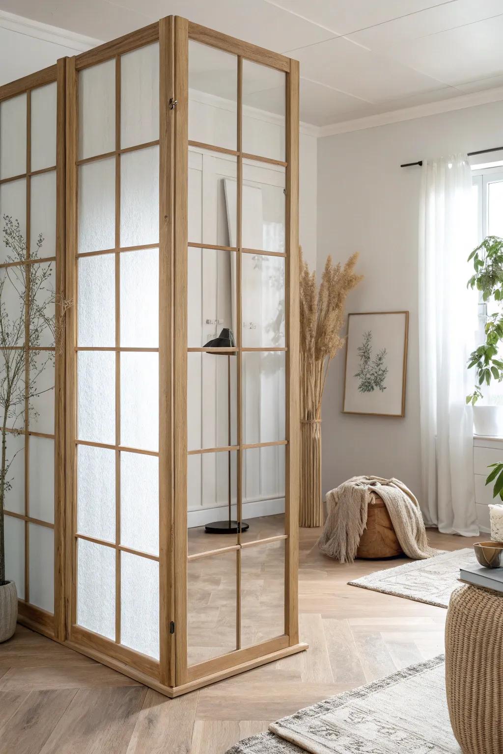 Half wall with glass panels keeps small spaces bright while defining zones with airy elegance.