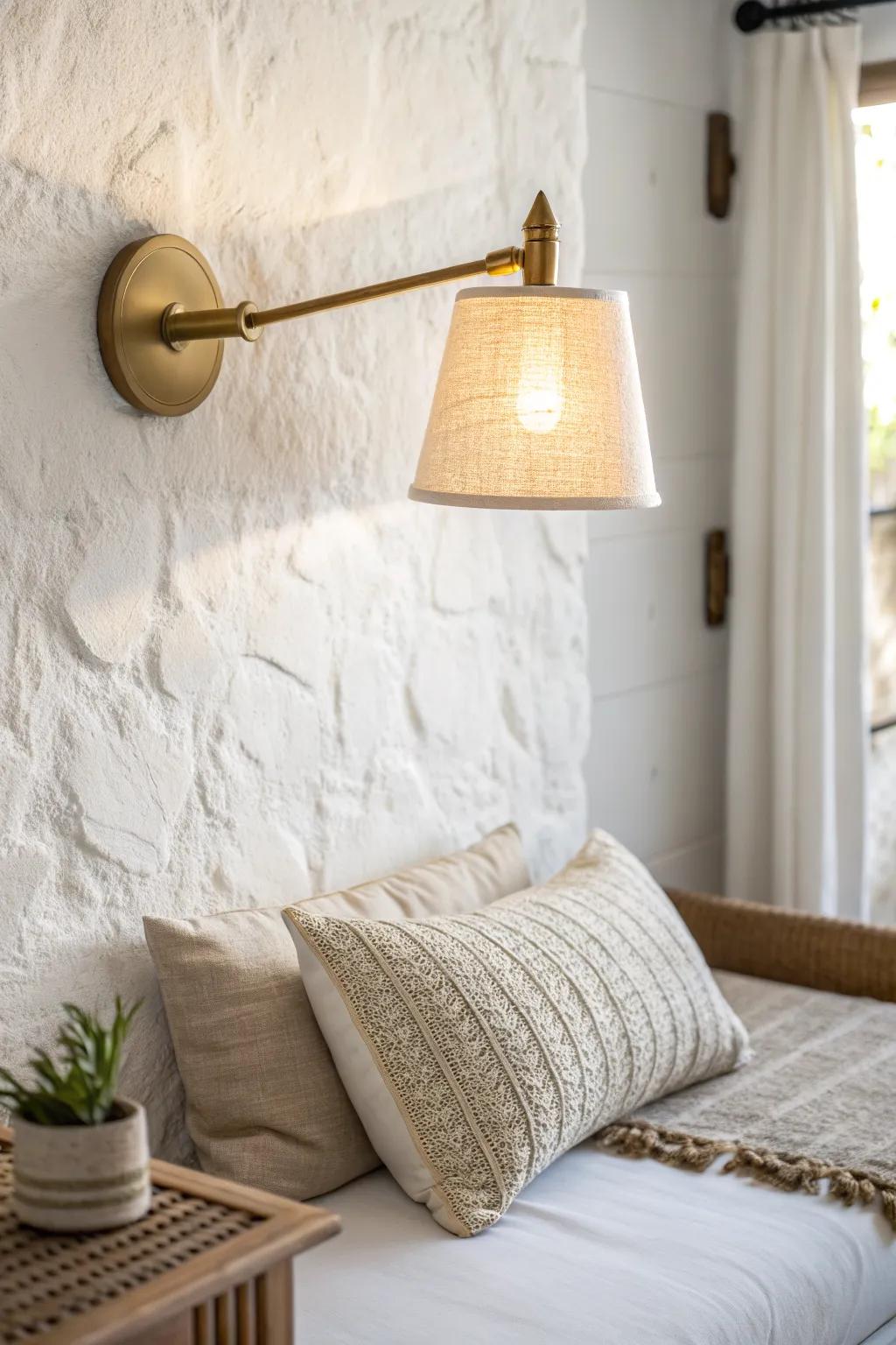 A wall sconce above the daybed adds hotel-cozy light without stealing any surface space.