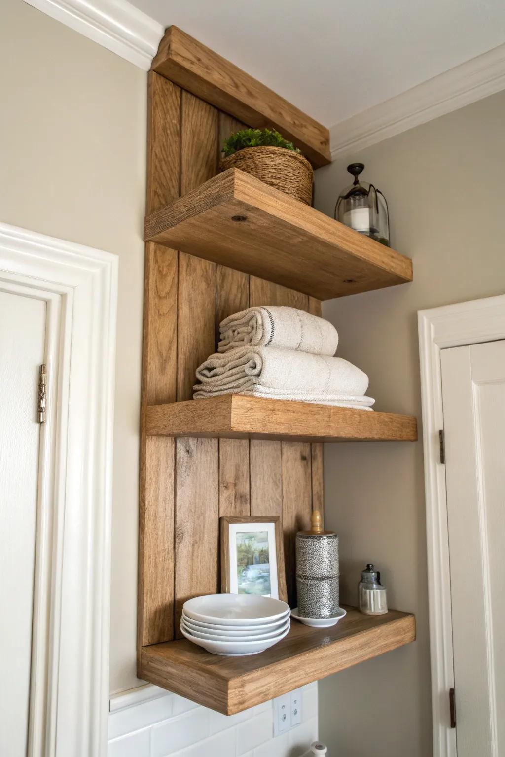 A ceiling-high rustic corner shelf keeps overflow essentials stored and beautifully out of the way.