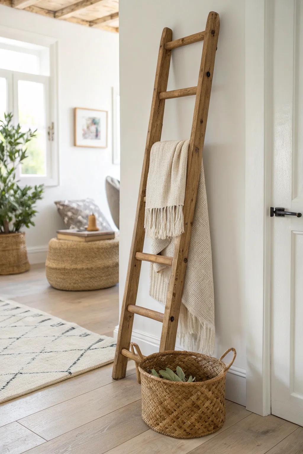 A rustic leaning ladder divider that adds texture, separation, and storage—no install needed.