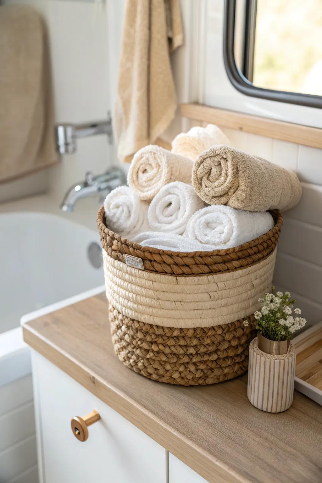 Roll towels upright in a slim basket for tidy RV storage—grab one fast, no towel avalanches.