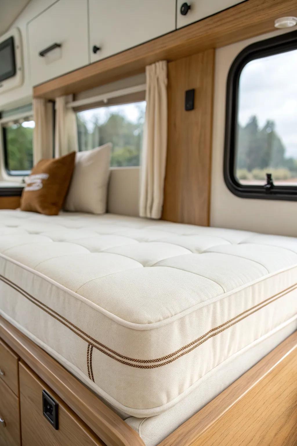 Turn your RV dinette into a real bed with a thick, custom-fit linen cushion topper.