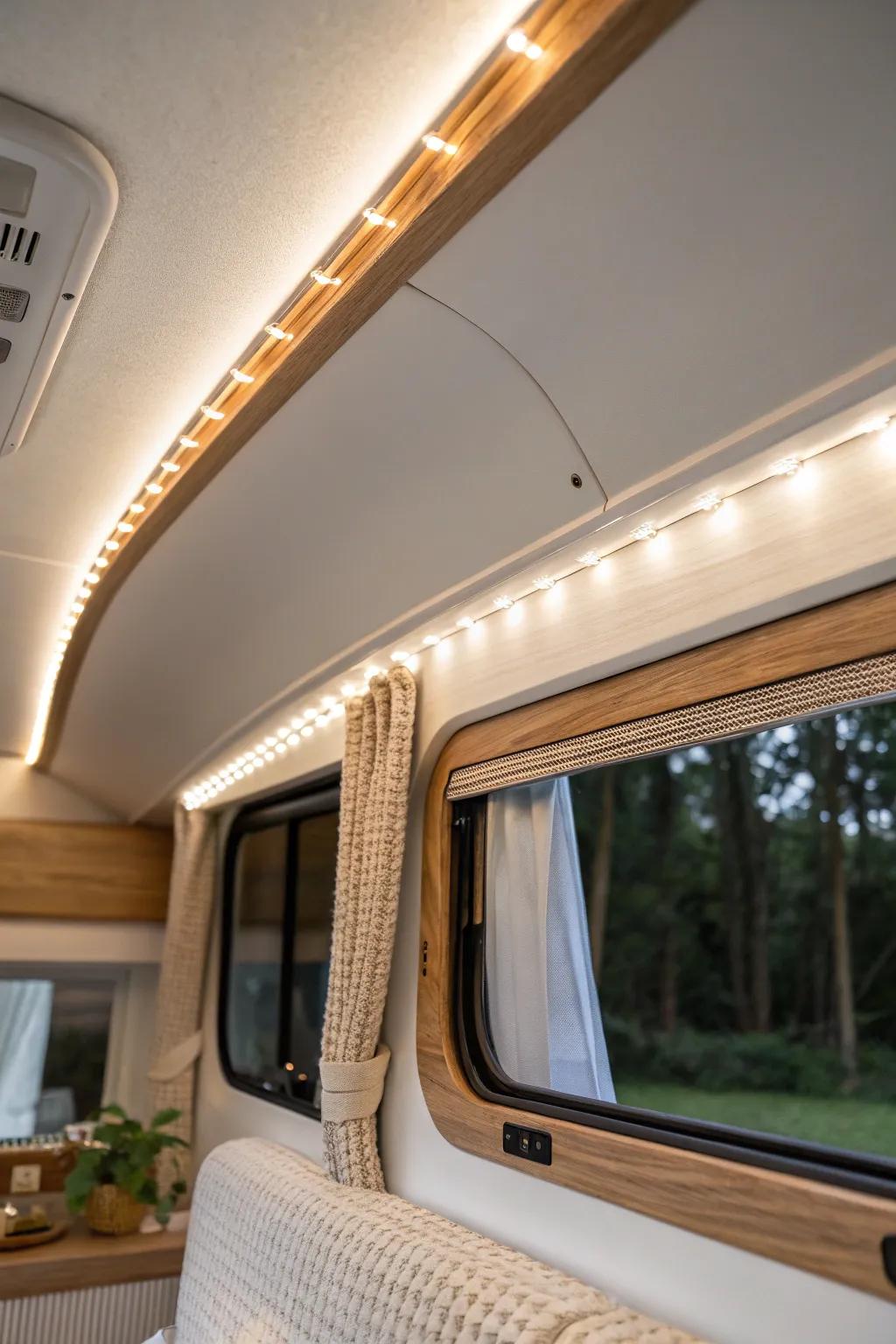 Soft halo LED strip lighting along the RV ceiling edge for a cozy, glare-free glow.