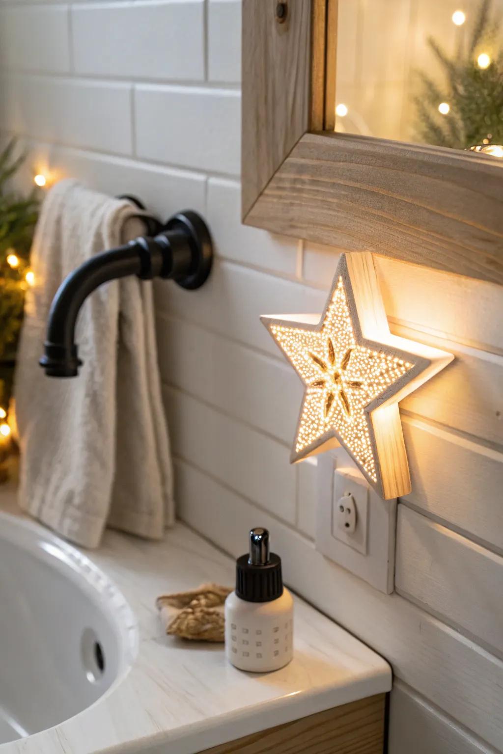 A tiny Christmas night light adds cozy RV bathroom cheer—no counter space required.