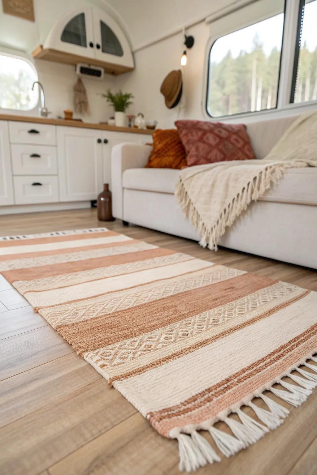 A thin flatweave rug defines your RV couch zone—cozy, stylish, and slide-friendly.