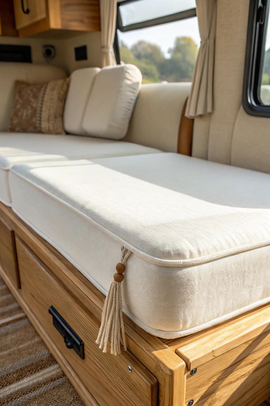 Keep the base—swap in high-density foam cushions for a fresh, supportive RV sofa upgrade.