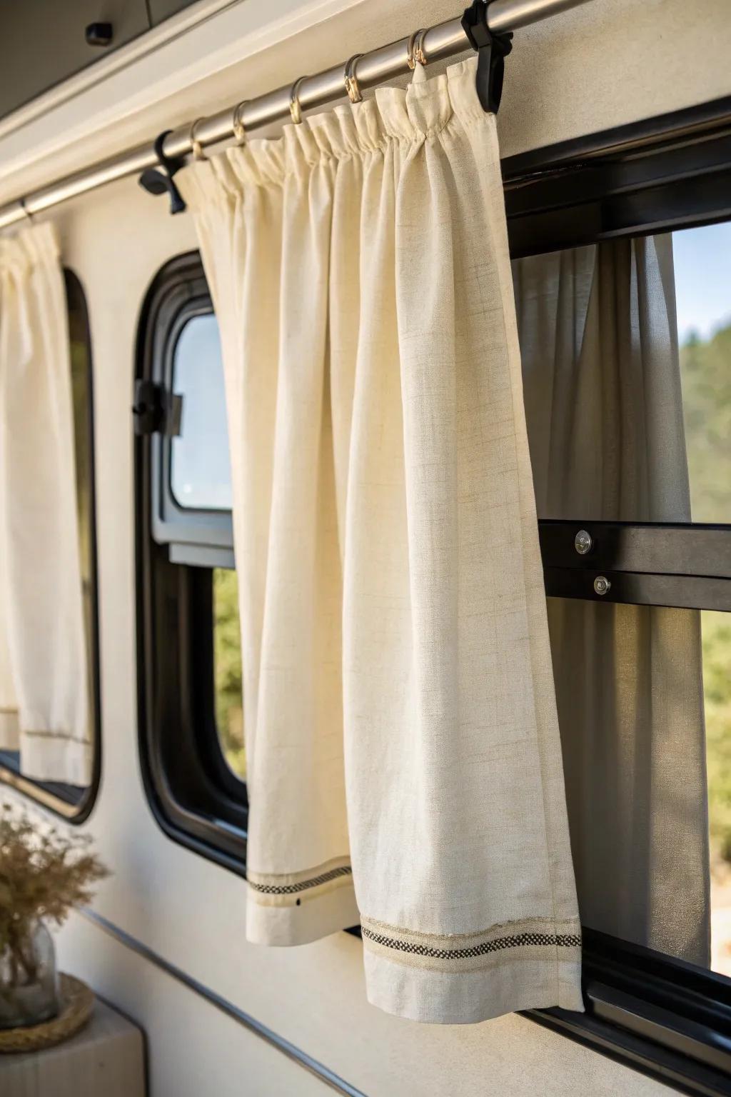 Low-fullness linen panels that stack slim—perfect RV curtains for tiny windows.