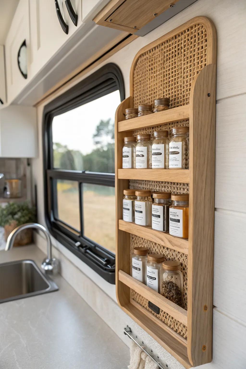 Slim vertical spice wall in an RV galley—beautiful storage that frees counters instantly.