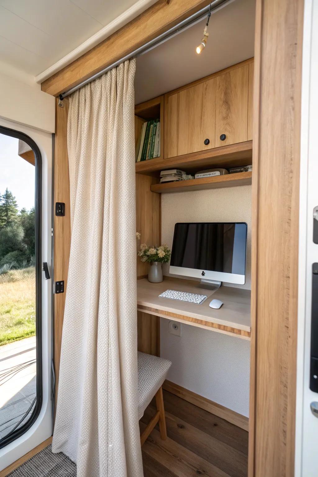 A curtain-front closet desk keeps your RV workspace hidden—no cable clutter in sight.