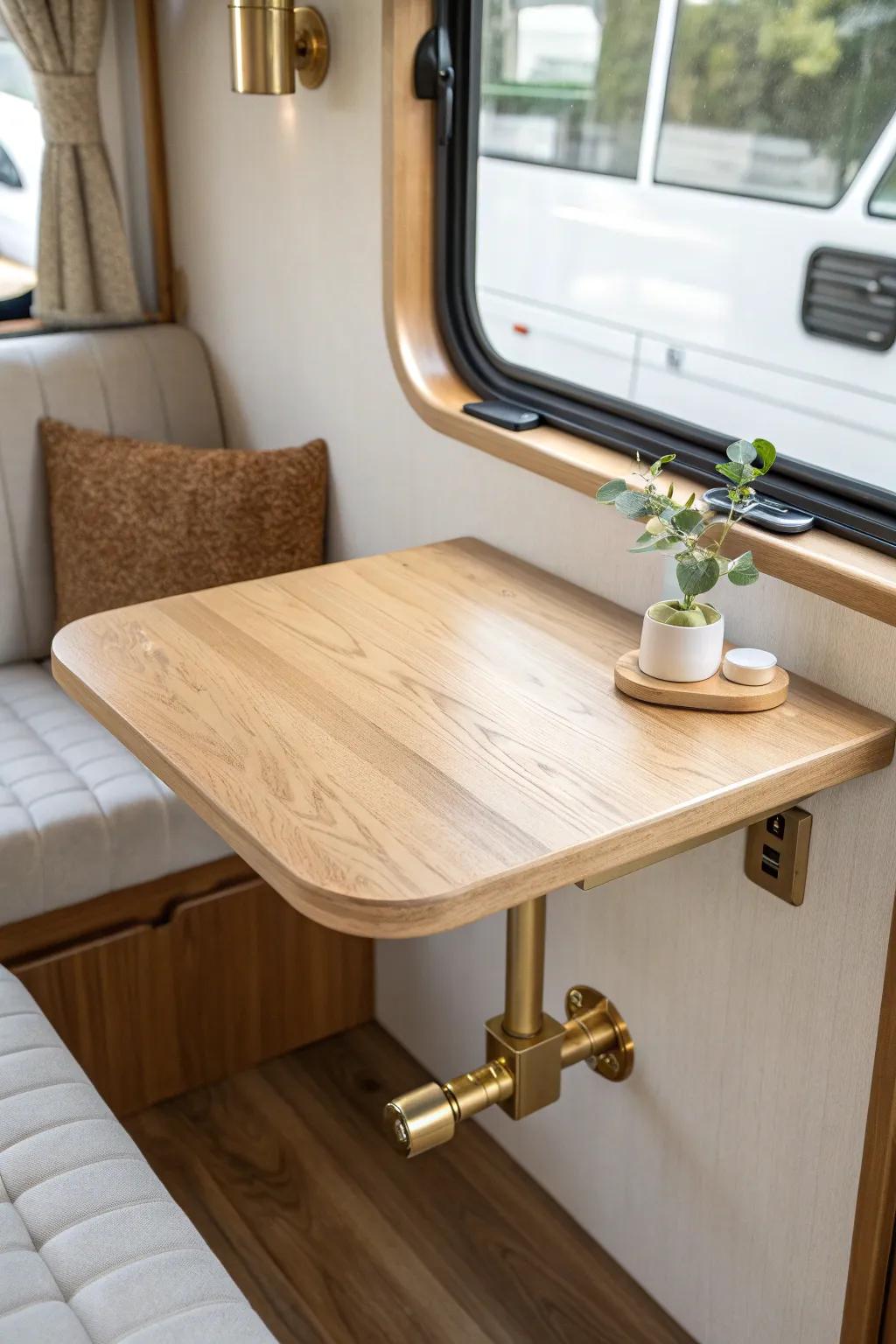 A swivel-mounted RV dining table pivots away for extra aisle space—small-space magic.