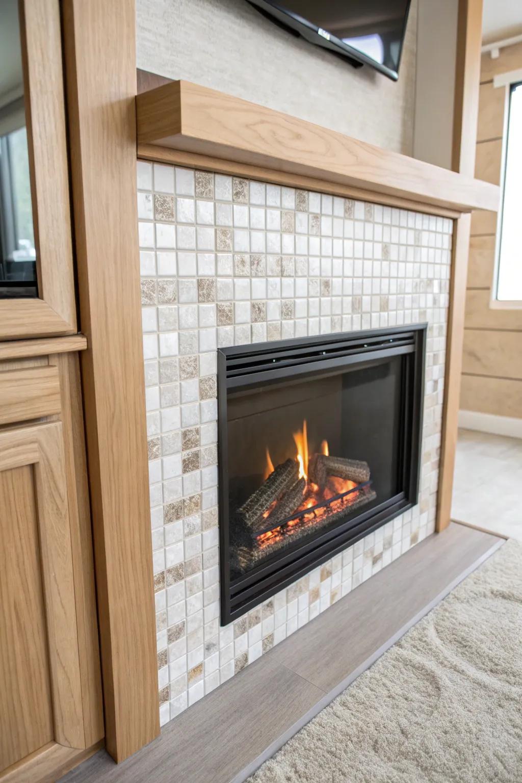 Peel-and-stick tile turns an RV fireplace into a mini hearth—high style, low effort.