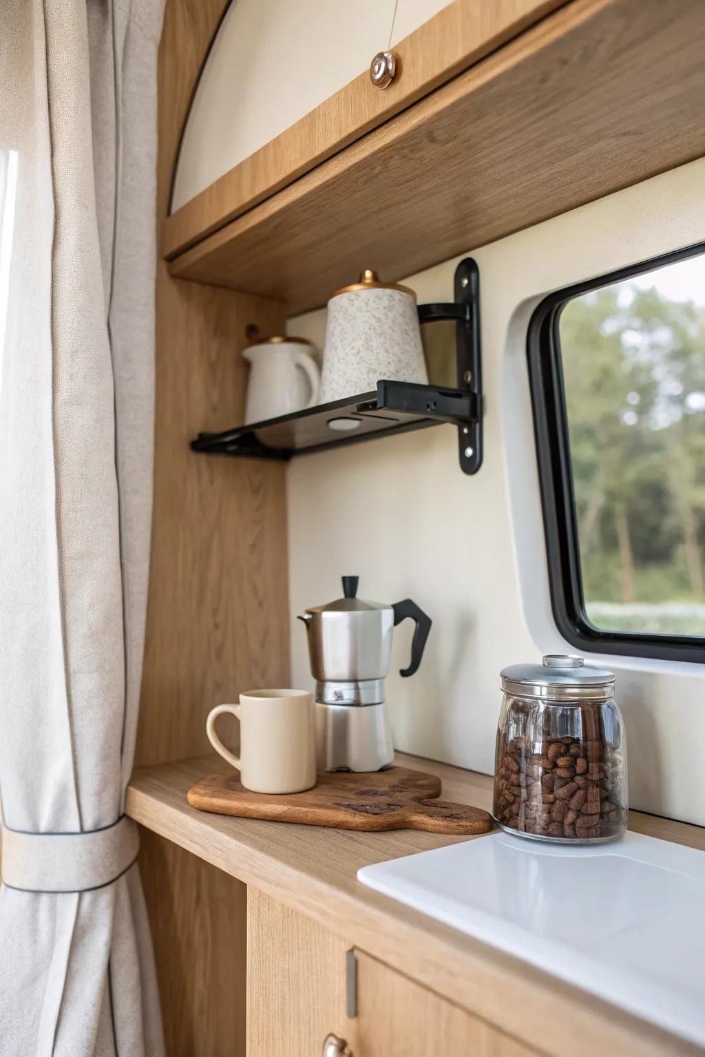A wall-mounted coffee nook turns RV mornings into a ritual—no counter clutter, all the calm.